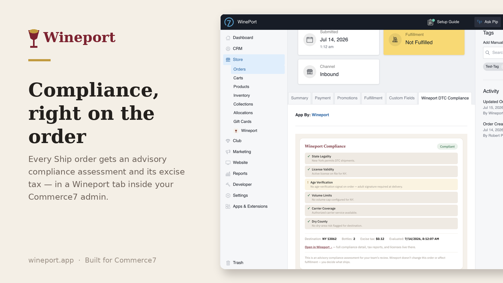 Compliance, right on the order — the Wineport tab inside the Commerce7 admin