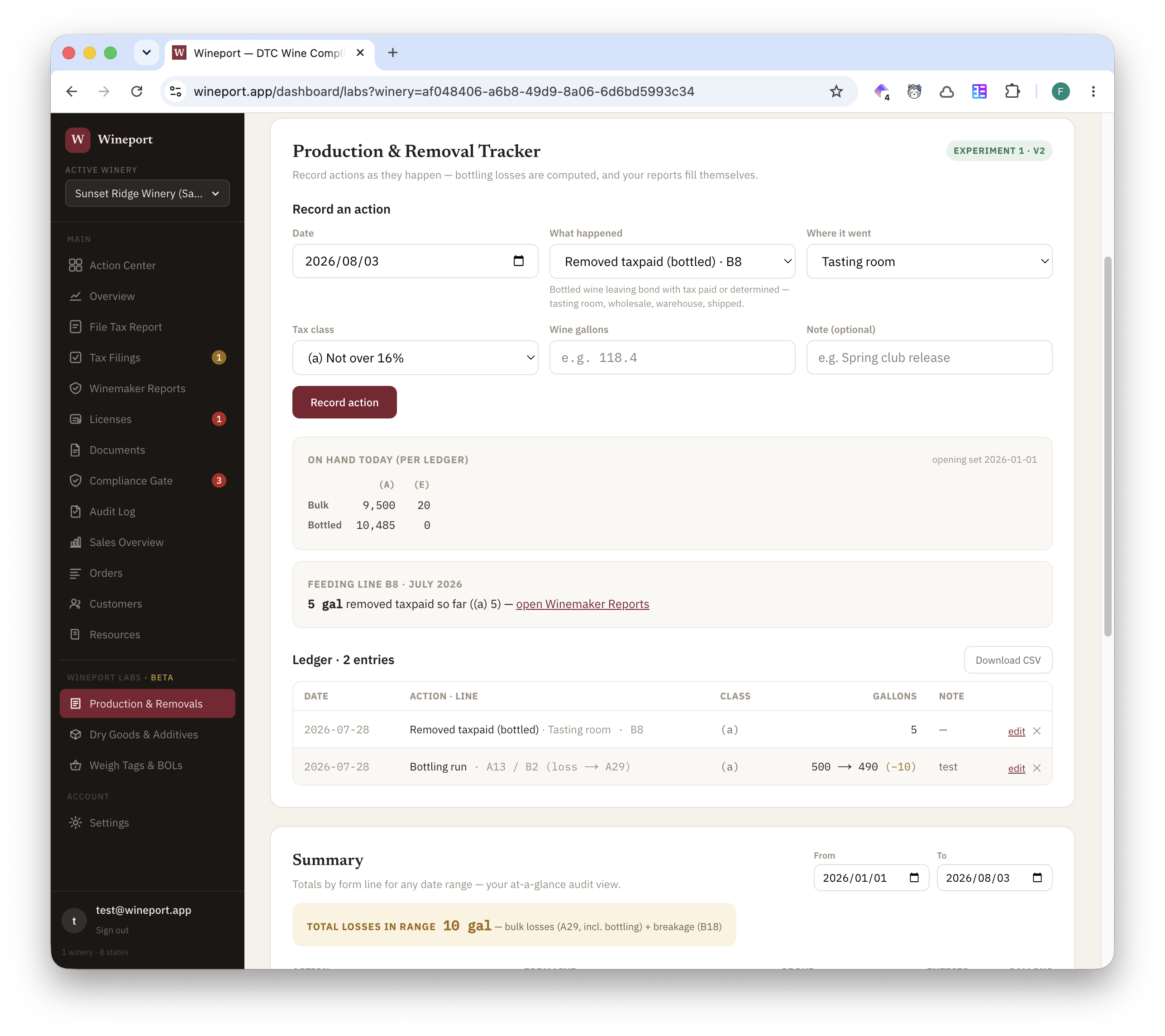 Wineport Labs Production & Removals ledger with entries mapped to TTB form lines and on-hand inventory