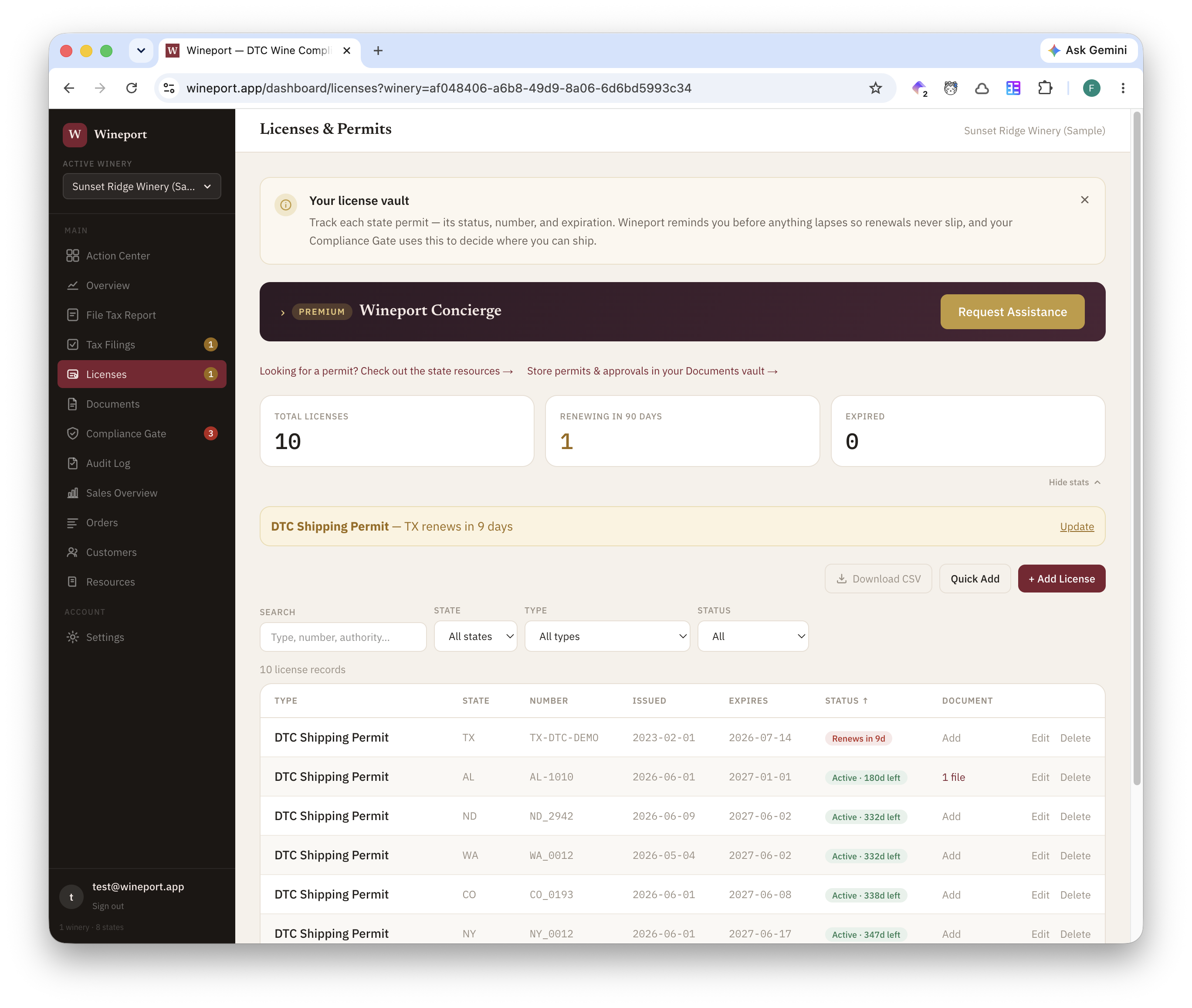 Wineport License Vault listing permits with numbers, dates, and renewal status