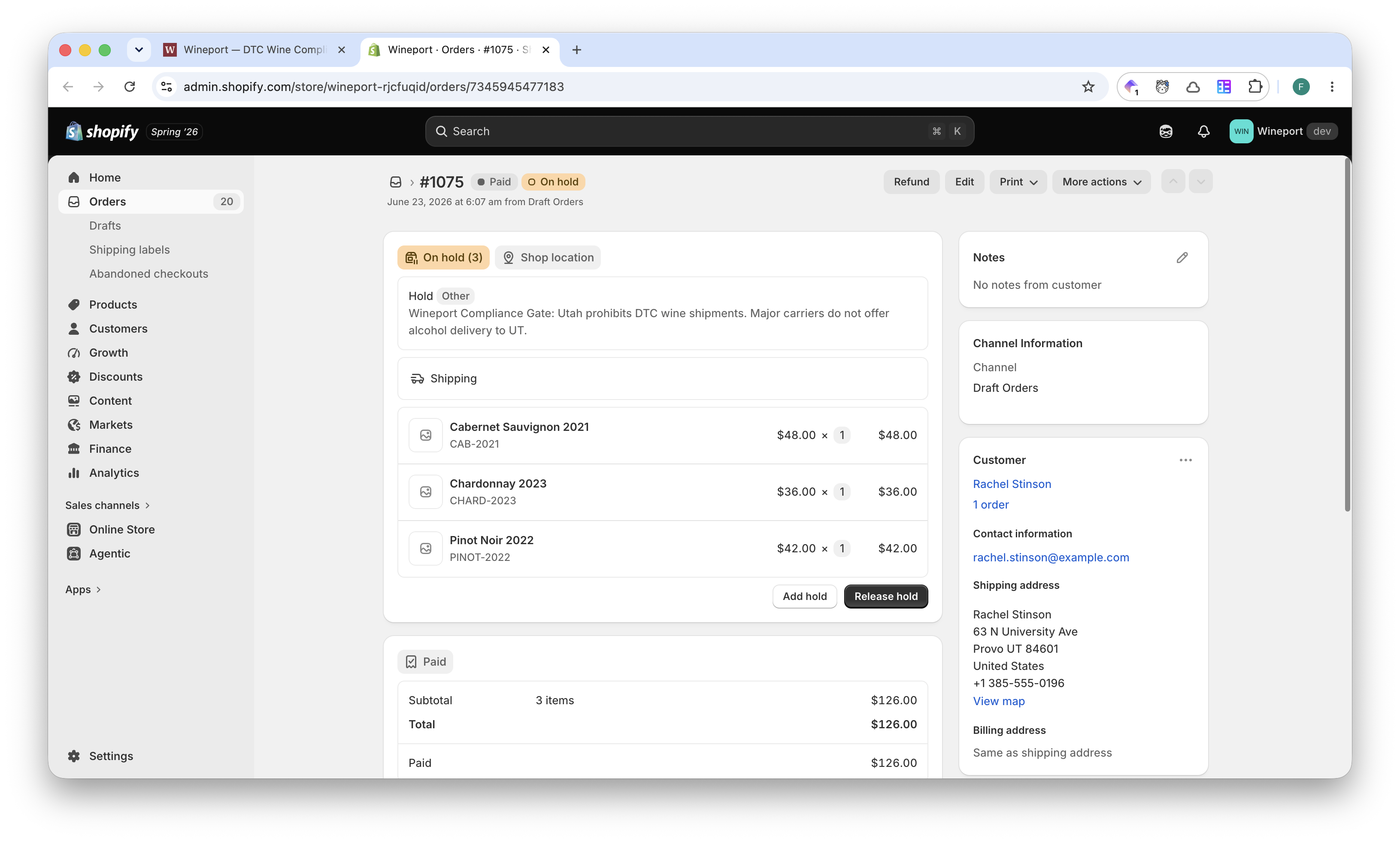 A non-compliant order automatically placed on hold inside Shopify